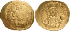 BYZANTINE AND MEDIEVAL COINS Constantine IX Monomachus, 1042-1055. Histamenon (Gold, 28mm, 4.42 g 6), Constantinople. +IhS XIS REX REGNANTIhM Christ, nimbate, seated facing on lyre-backed throne. Rev.