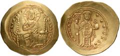BYZANTINE AND MEDIEVAL COINS Constantine X Ducas, 1059-1067. Histamenon (Gold, 26mm, 4.38 g 6), Constantinople. +IhS IXS REX REGNANThIm Christ, nimbate, seated facing on straight- backed throne, raisi