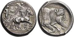 GREEK COINS Sicily. Gela. Circa 480/75-475/70 BC. Tetradrachm (Silver, 25 mm, 17.20 g, 8 h). Bearded charioteer driving quadriga moving slowly to the right; above, Nike flying right to crown the horse