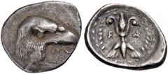 GREEK COINS Elis. Olympia. 97th-100th Olympiad, 392-380 BC. Hemidrachm (Silver, 18 mm, 2.85 g, 6 h), signed Po... (Polykaon) on the obverse. Head of eagle with long neck to right; below beak, ΠΟ. Rev.