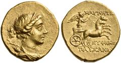 GREEK COINS Ionia. Magnesia ad Maeandrum. Circa 125-120 BC. Stater (Gold, 19 mm, 8.44 g, 12 h), Euphemos, son of Pausanias. Diademed and draped bust of Artemis to right, with bow and quiver at her sho