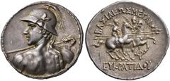 GREEK COINS Baktria. Greco-Baktrian Kingdom. Eukratides I, circa 170-145 BC. Tetradrachm (Silver, 33 mm, 16.90 g, 12 h). Diademed bust of Eukratides to left, seen from behind, wearing Macedonian helme