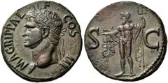 ROMAN IMPERIAL AND PROVINCIAL COINS Agrippa, died AD 12. As (Copper, 27 mm, 12.64 g, 6 h), Rome, struck under Caligula, 37-41. M AGRIPPA L F COS III Head of Agrippa to left, wearing rostral crown. Rev