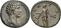 ROMAN IMPERIAL AND PROVINCIAL COINS Marcus Aurelius, as Caesar, 139-161. Sestertius (Orichalcum, 31 mm, 23.49 g, 12 h), Rome, 140-144. AVRELIVS CAESAR AVG PII F COS Bare headed and draped bust of Marc