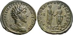 ROMAN IMPERIAL AND PROVINCIAL COINS Marcus Aurelius, 161-180. Sestertius (Orichalcum, 33 mm, 26.63 g, 11 h), Rome, 161. IMP CAES M AVREL ANTONINVS AVG P M Bare-headed and cuirassed bust of Marcus Aure