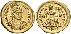 ROMAN IMPERIAL AND PROVINCIAL COINS Theodosius II, 402-450. Solidus (Gold, 21 mm, 4.47 g, 7 h), Constantinople, 4th officina, c. 408-420. D N THEODO - SIVS P F AVG Helmeted, diademed and cuirassed bus