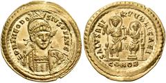 ROMAN IMPERIAL AND PROVINCIAL COINS Theodosius II, 402-450. Solidus (Gold, 23 mm, 4.48 g, 6 h), Constantinople, 10th officina, 425-429. D N THEODOSIVS P F AVG Helmeted, diademed and cuirassed bust of 