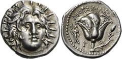 GREEK COINS Islands off Caria. Rhodos. Rhodes. Circa 250-229 BC. Didrachm (Silver, 20 mm, 6.76 g, 12 h), Mnasimachos. Radiate head of Helios facing, turned slightly to the right. Rev. ΜΝΑΣΙΜΑΧΟΣ Rose 