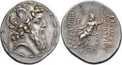GREEK COINS Seleukid Kings. Demetrios II Nikator, second reign, 129-126/5 BC. Tetradrachm (Silver, 31 mm, 16.27 g, 12 h), Ake-Ptolemais. Diademed head of Demetrios II to right, with full beard; around