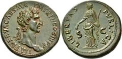 ROMAN COINS Nerva, 96-98. Sestertius (Orichalcum, 33 mm, 24.25 g, 6 h), Rome, after 18 September 97. IMP NERVA CAES AVG P M TR P II COS III P P Laureate head of Nerva to right, with slight drapery ove