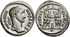 ROMAN COINS Galerius, as Caesar, 293-305. Argenteus (Silver, 19 mm, 3.19 g, 12 h), Rome, third officina, 295-297. MAXIMIANVS CAES Laureate head of Galerius to right. Rev. VIRTVS MILITVM / Γ The four t