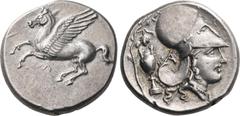 Greek AKARNANIA. Leukas. Circa 320-280 BC. Stater (Silver, 21.5 mm, 8.58 g, 2 h). Λ Pegasos flying left; below. Rev. Head of Athena to right; behind her neck, Α; behind, vine with grape cluster over a