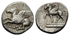 Greek CORINTHIA. Corinth. Circa 400-375 BC. Diobol (Silver, 11 mm, 0.82 g, 11 h). Ϙ Pegasos flying to left. Rev. Pegasos with curved wings standing to left on a stepped plinth. Cf. BCD Corinth 196 (bu