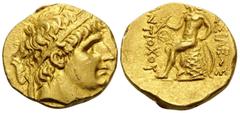Greek SELEUKID KINGS OF SYRIA. Antiochos I Soter, 281-261 BC. Stater (Gold, 18 mm, 8.43 g, 6 h), Aï Khanoum, c. 266-261. Diademed head of Antiochos I to right, with elderly features. Rev. [B]AΣIΛEΩΣ [