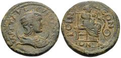 Roman Provincial PISIDIA. Isinda. Otacilia Severa, Augusta, 244-249. (Bronze, 27 mm, 16.84 g, 1 h), struck under her husband, Philip I. MAP OTAK CEYHPAN CE Draped bust right, wearing stephane, set on 