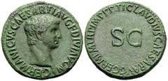 Roman Imperial Germanicus, died 19. As (Copper, 27 mm, 11.17 g, 7 h), struck under Claudius, Rome, 50-54. GERMANICVS CAESAR TI AVG F DIVI AVG N Bare head of Germanicus to right. Rev. TI CLAVDIVS CAESA