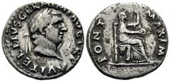 Roman Imperial Vitellius, 69. Denarius (Silver, 18 mm, 3.27 g, 5 h), Rome, struck late April-20 December 69. A VITELLIVS GERM IMP AVG TR P Laureate head of Vitellius to right. Rev. PONT MAXIM Vesta se