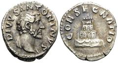 Roman Imperial Divus Antoninus Pius, died 161. Denarius (Silver, 18 mm, 3.33 g, 12 h), struck under Marcus Aurelius and Lucius Verus, Rome, 161. DIVVS ANTONINVS Bare head of the deified Antoninus Pius