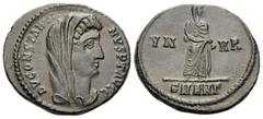 Roman Imperial Divus Constantine I, died 337. Follis (Bronze, 16 mm, 1.71 g, 5 h), struck under his son, Constantius II, Antioch, 3rd officina, 347-348. DV CONSTANTINVS P T AVGG Veiled head of Divus C