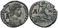 Roman Imperial Constantius II, 337-361. Centenionalis (Bronze, 23 mm, 4.73 g, 12 h), Aquileia, 1st officina, 350-352. D N CONSTAN-TIVS P F AVG Pearl-diademed, draped and cuirassed bust of Constantius 