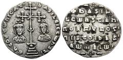 Byzantine Basil II Bulgaroktonos, with Constantine VIII, 976-1025. Miliaresion (Silver, 21.5 mm, 2.35 g, 6 h), Constantinople, 977-989. En TOVTω nICA T' bASILEI C CωnST' Patriarchal cross crosslet, wi
