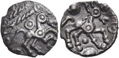 Celtic Coins CELTIC, Britain. Catuvellauni. 60-40 BC. Half unit (Silver, 10 mm, 0.44 g, 6 h), Harlow Horses type. Annulate horse prancing to right; above, two 'corded' spears. Rev. Annulate horse gall