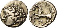 Celtic Coins CELTIC, Northwest Gaul. Carnutes. First half of the 1st century BC. Quarter Stater (Gold, 12 mm, 1.80 g, 5 h). Celticized head of Apollo to left, with a laurel wreath and curious tendrils