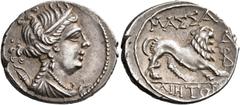 Greek Coins GAUL. Massalia. Circa 200-150 BC. Drachm (Silver, 17 mm, 2.63 g, 7 h). Bust of Artemis to right, wearing earring, pearl necklace, and with her bow and quiver over her shoulder. Rev. MAΣΣA 