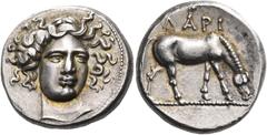 Greek Coins THESSALY. Larissa. Circa 370 BC. Drachm (Silver, 17 mm, 6.18 g, 9 h). Head of the nymph Larissa facing, turned slightly to the right and wearing an ampyx. Rev. ΛΑΡΙ Horse feeding to right,