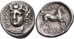 Greek Coins THESSALY. Larissa. Circa 356-342 BC. Stater (Silver, 12.19 g). Head of the nymph Larissa facing, turned slightly to the left, wearing ampyx, pendant earring, and simple necklace. Rev. ΛΑΡΙ