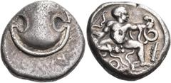 Greek Coins BOEOTIA. Thebes. Circa 425-395 BC. Stater (Silver, 21 mm, 11.70 g). Boeotian shield. Rev. Θ - Ε The infant Herakles seated facing, nude and with his head turned to right, strangling two se