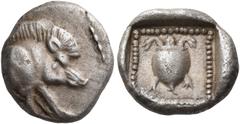 Greek Coins DYNASTS OF LYCIA. Protodynastic Period, circa 490-430 BC. Sixth stater (Silver, 12 mm, 1.55 g, 7 h). Forepart of a boar to right. Rev. Sea turtle with collar within an incuse square lined 