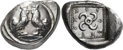 Greek Coins DYNASTS OF LYCIA. Teththiweibi, circa 450-430/20 BC. Stater (Silver, 15 mm, 8.55 g, 7 h), Kandyba (?). Two opposed roosters standing facing each other on ground line; between them, pellet;