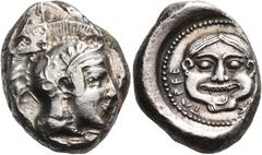 Greek Coins DYNASTS OF LYCIA. Kherei, circa 430-410 BC. Stater (Silver, 18 mm, 8.50 g, 1 h), Tlos. Helmeted head of Athena to right. Rev. ...ΤΛΡϜΕ Gorgoneion within border of dots in a circular incuse