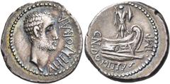 Roman Republican Coins Cn. Domitius L.f. Ahenobarbus, 41 BC. Denarius (Silver, 18 mm, 3.99 g, 3 h), uncertain mint moving with Ahenobarbus. AHENOBAR Lighlty bearded male head to right. Rev. CN.DOMITIV