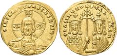 Byzantine Coins Basil II Bulgaroktonos, with Constantine VIII, 976-1025. Histamenon nomisma (Gold, 23 mm, 4.40 g, 6 h), Constantinople, 989-1001. +IhS XIS REX REGNANTIhM Bust of Christ Pantocrator fac