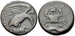 The Vineyard Collection Part II, Spain to Sicily SICILY. Akragas. Circa 415-406 BC. Hemilitron (Bronze, 27 mm, 13.88 g, 2 h). AKPA Eagle right, clutching dead hare in its talons. Rev. Crab; above, fig