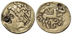 Celtic CELTIC, Central Europe. Helvetii. 2nd century BC. Quarter Stater (Electrum, 14.5 mm, 1.78 g, 3 h). Laureate head of Apollo to left. Rev. Deconstructed charioteer driving biga to right; below, t