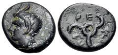 Greek DYNASTS OF LYCIA. Perikles, circa 380-360 BC. (Bronze, 13 mm, 1.88 g, 3 h). Horned head of Pan to left. Rev. ΠE-PE-KΛ Lucian triskeles to left. Falghera 219–23. Müseler VIII, 52–5. SNG von Auloc