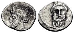 Greek CILICIA. Uncertain. Circa 4th Century BC. Obol (Silver, 11 mm, 0.69 g, 12 h). Turreted and bearded male head of Persian style to left. Rev. Bearded male head facing (Nergal?), with a turreted cr