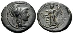 Roman Provincial PAMPHYLIA. Side. Time of Nero or Later, mid 1st-mid 2nd century . (Bronze, 16 mm, 3.36 g, 5 h). Head of Athena to right, wearing crested Corinthian helmet. Rev. CI-ΔH Nike alighting t