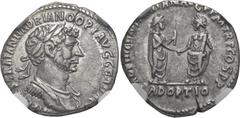 Roman Hadrian, 117-138. Denarius (Silver, 18 mm, 3.27 g, 6 h), Antioch, 117, on his accession to the throne. IMP CAES TRAIAN HADRIANO OPT AVG GER DAC Laureate, draped, and cuirassed bust of Hadrian to
