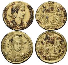 Roman Constantius II, 337-361. (5.42 g). Lot of Two plated Solidi. (1). Antioch 337-347, 20.5 mm, 2.81 g, 6h. cf RIC 83 var (as VOT XX MVLT XXX) (2). Antioch 355-361, 21 mm, 2.62 g, 6h. RIC 165. Very 