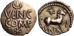 Celtic CELTIC BRITAIN, Atrebates & Regni. Verica, 10-40. Quarter Stater (Gold, 12 mm, 1.36 g, 2 h), 'Stars' type. VERIC / COM•F with a crescent above and a six-rayed star below. Rev. REX Horse gallopi