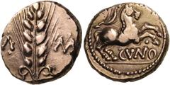Celtic CELTIC BRITAIN, Trinovantes & Catuvellauni. Cunobelin, circa 8-41. Stater (Gold, 16 mm, 5.45 g, 9 h), 'Wild' type, Camulodunon (Colchester). C]A M[V Grain ear with central stalk; pellets above 
