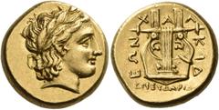 Greek MACEDON, Chalkidian League. Circa 352-350 BC. Stater (Gold, 16 mm, 8.47 g, 6 h), Olynthos, Eudoridas. Laureate head of Apollo to right, his hair falling down the back of his neck. Rev. Χ-Α-Λ / Κ