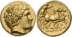 Greek KINGS OF MACEDON. Philip II, 359-336 BC. Stater (Gold, 14 mm, 8.63 g, 11 h), struck under Philip III, Lampsakos, circa 323-316. Laureate head of Apollo to right. Rev. ΦΙΛΙΠΠΟΥ Charioteer, drivin