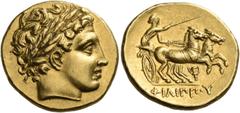 Greek KINGS OF MACEDON. Philip II, 359-336 BC. Stater (Gold, 19 mm, 8.63 g, 4 h), struck under Philip III, Pella, 323-315. Laureate head of Apollo to right. Rev. ΦΙΛΙΠΠΟΥ Charioteer driving chariot, d