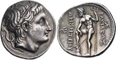 Greek KINGS OF MACEDON. Demetrios I Poliorketes, 306-283 BC. Tetradrachm (Silver, 30 mm, 17.23 g), Amphipolis, c. 289-288. Diademed head of Demetrios to right, with bull's horn above his forehead. Rev