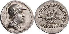 Greek BAKTRIA, Greco-Baktrian Kingdom. Eukratides I, circa 170-145 BC. Tetradrachm (Silver, 31.5 mm, 17.01 g, 12 h), c. later 160s. Diademed and draped bust of Eukratides to right, wearing Macedonian 